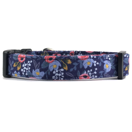 Navy Blue and Pink Floral Dog Collar