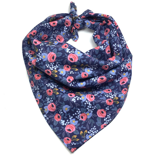 Navy Blue and Pink Floral Tie On Dog Bandana