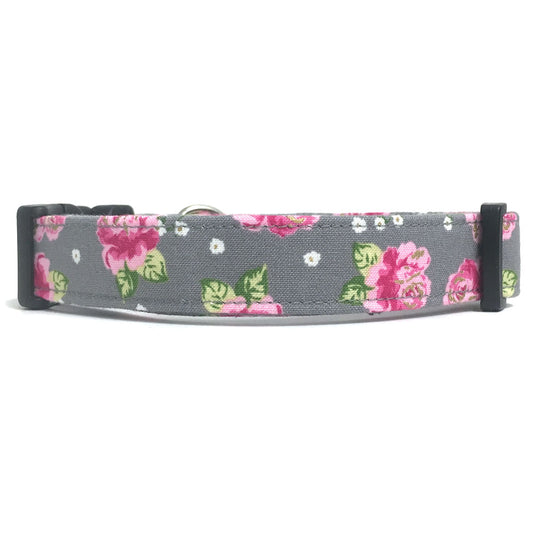 Gray and Pink Shabby Floral Dog Collar