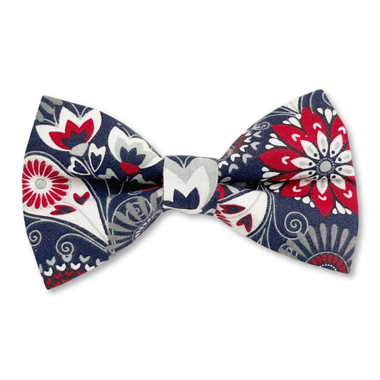 Red White Blue and Gray Floral Medallions Dog Bow Tie