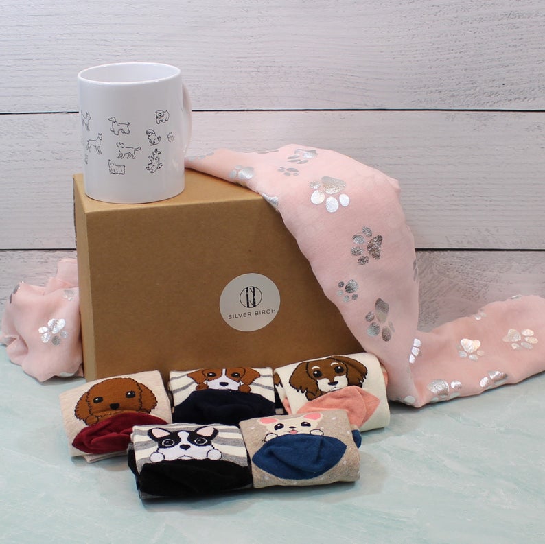 Dog mom gift box with socks, scarf and mug