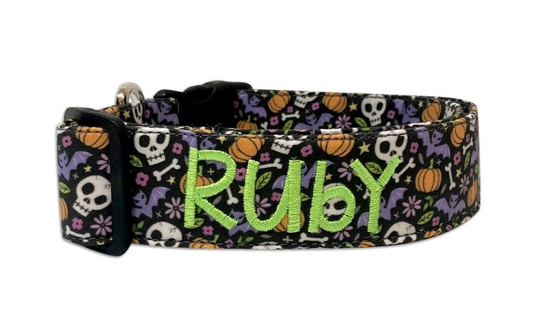 Personalized Embroidered Halloween Dog Collar with Skulls, Pumpkins and Bats