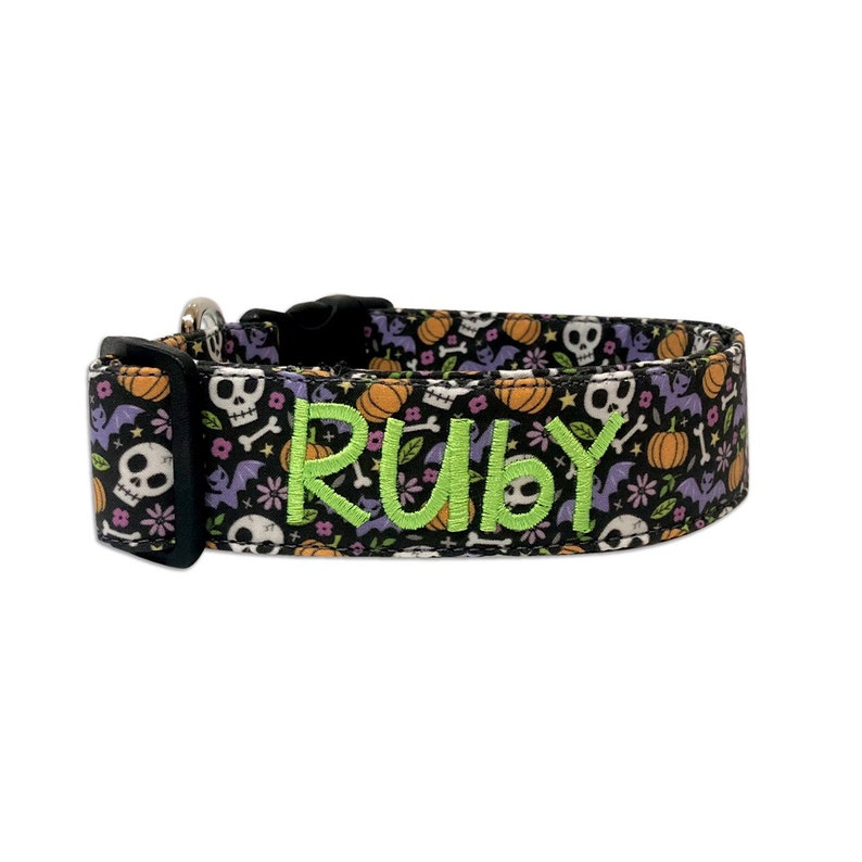 Personalized Embroidered Halloween Dog Collar with Skulls, Pumpkins and Bats