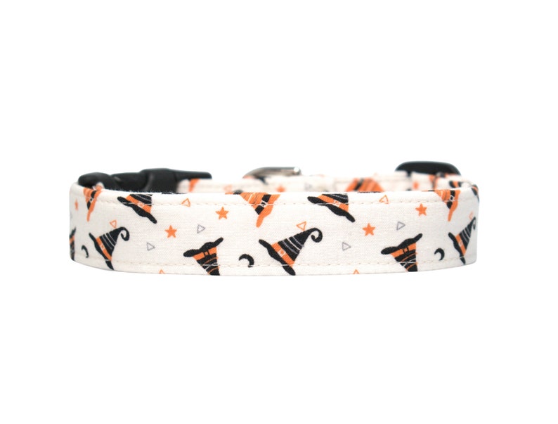 White Halloween Dog Collar with Orange and Black Witch Hats