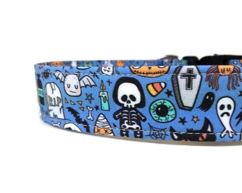 Cute Blue Halloween Dog Collar with Bats, Skeletons, Eyeballs, Candy Corn and Ghosts