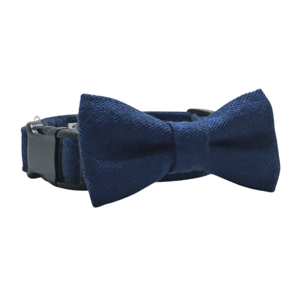 Navy Blue Herringbone Flannel Collar and Bow Tie Set - Image 5