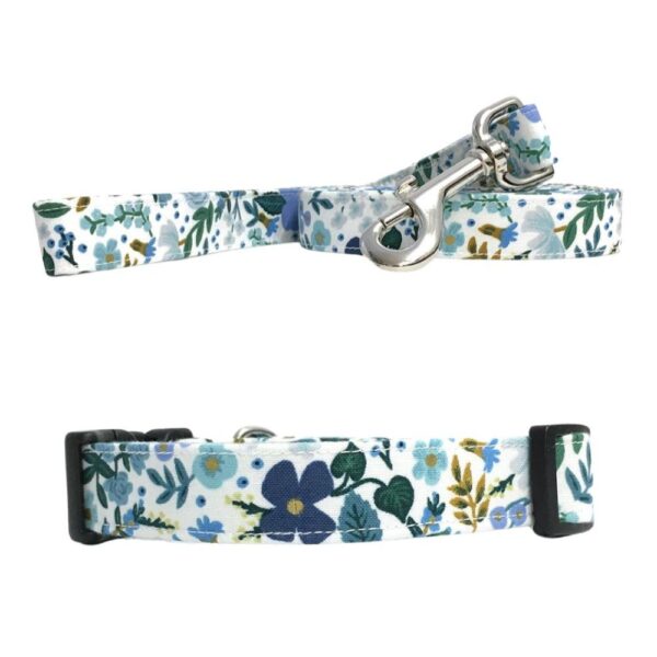 Wild Rose Blue Metallic Floral Collar and Leash Set