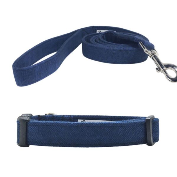 Navy Blue Herringbone Flannel Collar and Leash Set