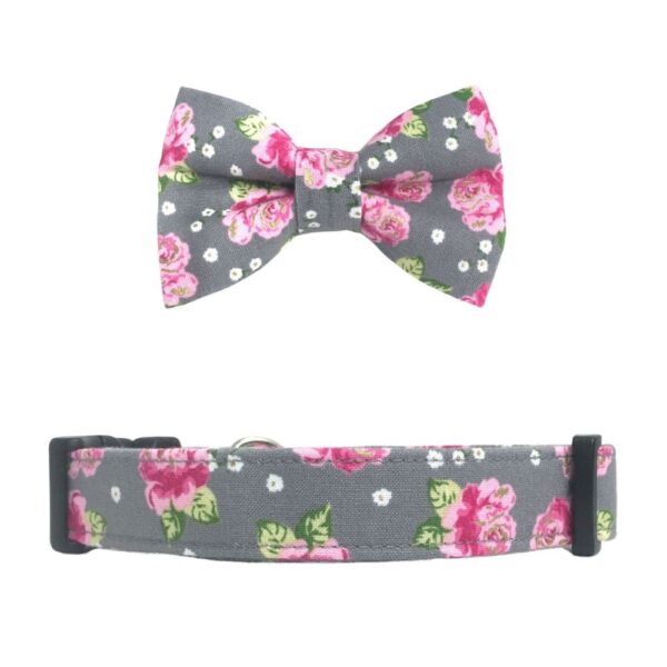 Gray and Pink Shabby Floral Collar and Bow Tie Set