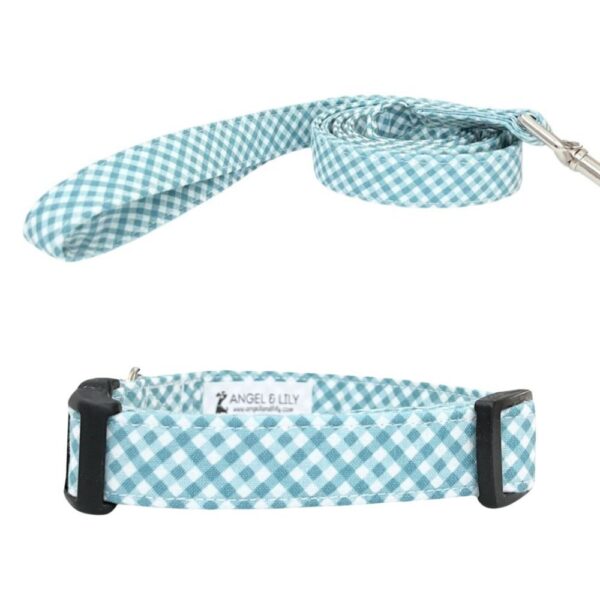 Teal and White Gingham Collar and Leash Set